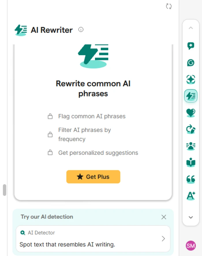 Grammarly AI Rewriter panel showing locked features and a Get Plus button