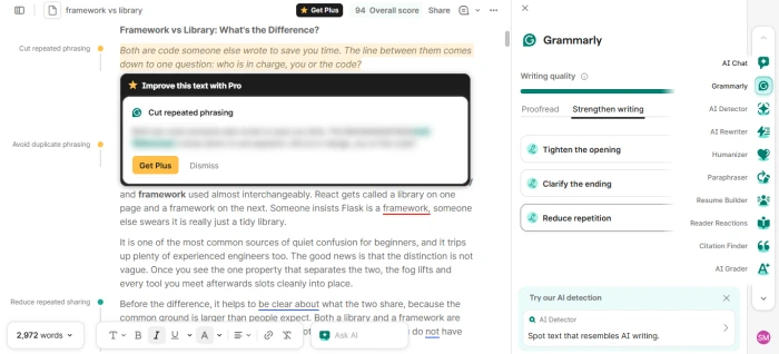 Grammarly suggestion blurred behind an Improve this text with Pro prompt