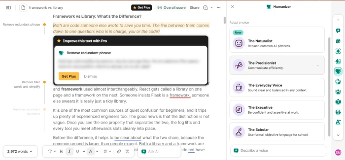 Grammarly Humanizer voice options with a suggestion locked behind Get Plus