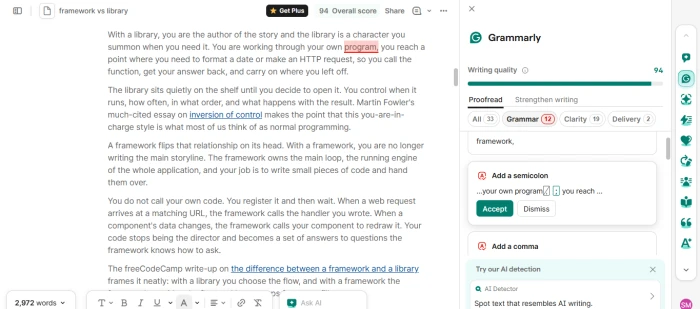 Grammarly editor showing a 94 writing quality score and 34 proofread suggestions for an uploaded PDF
