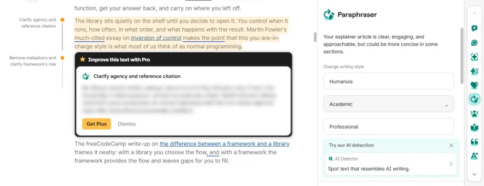 Grammarly Paraphraser with writing style options and a locked suggestion