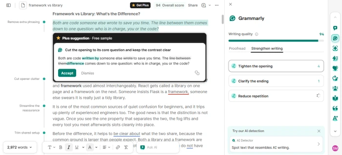 Grammarly Strengthen writing tab with a free sample Plus suggestion open