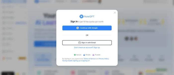 NoteGPT sign-in modal offering Google or email login