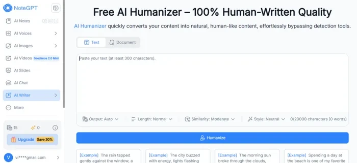 NoteGPT Free AI Humanizer page with an empty text box and default settings