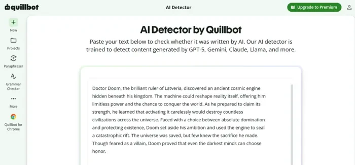 The ChatGPT sample pasted into QuillBot's AI Detector