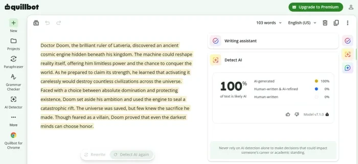 QuillBot result showing 100% AI-generated for the original text