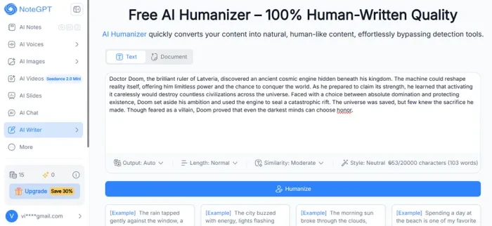 The 103-word sample pasted into the NoteGPT humanizer