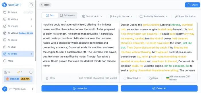 NoteGPT side-by-side view of the original and humanized text with changes highlighted