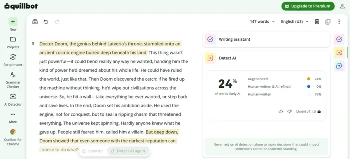 QuillBot result showing 24% AI-generated for the humanized text