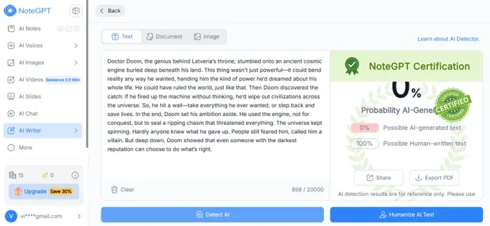 NoteGPT's own detector certifying the humanized text as 0% AI