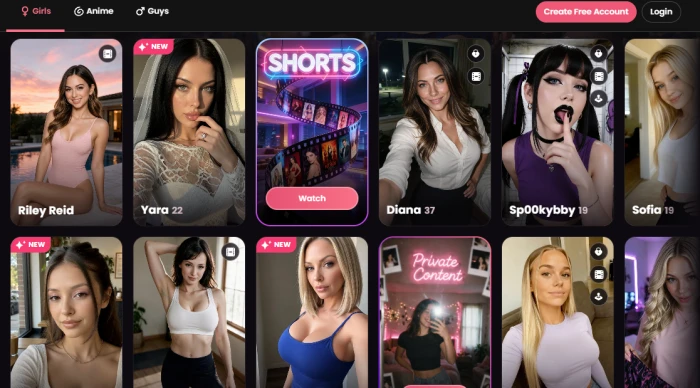 Candy AI companion gallery with character cards and categories