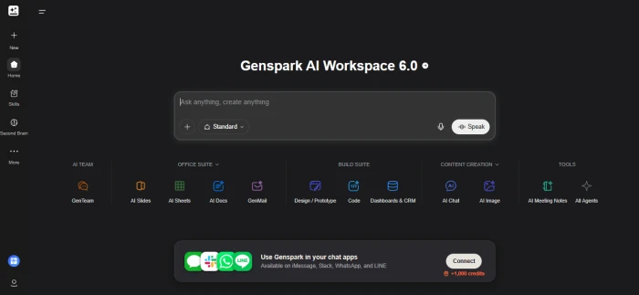 Genspark AI Workspace 6.0 homepage with the prompt bar and tool groups