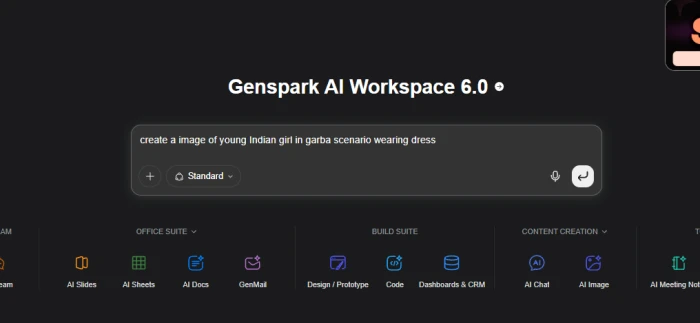 Image prompt typed into the Genspark main prompt bar
