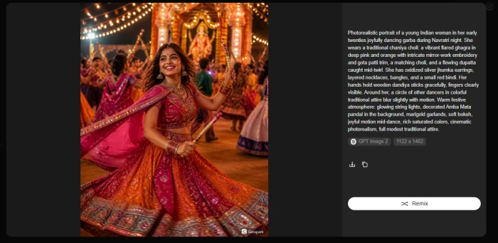 Generated image of a young woman dancing garba with the expanded prompt shown beside it