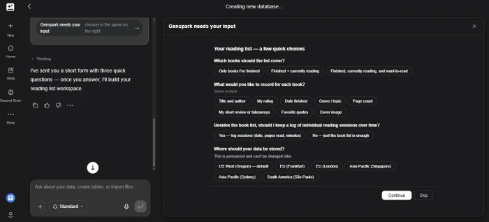 Genspark asking clarifying questions before building a reading list database