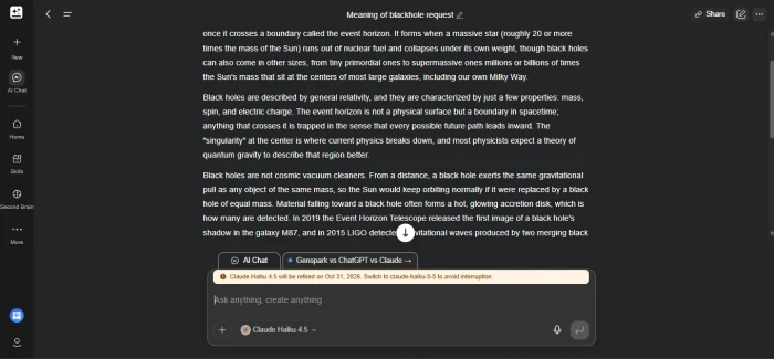 Genspark AI Chat answering a question about black holes with Claude Haiku 4.5