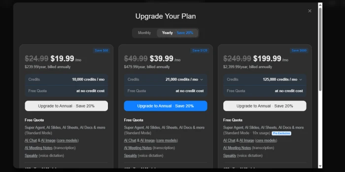 Genspark Upgrade Your Plan screen showing three yearly plans