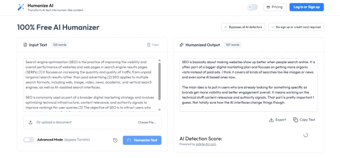 Humanize.ai editor with a 123-word paragraph pasted in and the humanized output beside it