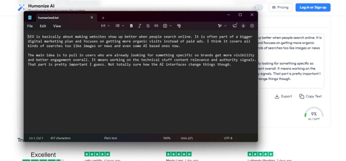 Exported humanized.txt file open in a text editor next to the Humanize.ai output panel