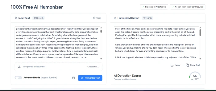 Humanize.ai with a 3,182-word uploaded document rewritten to 481 words and a 5% detection score